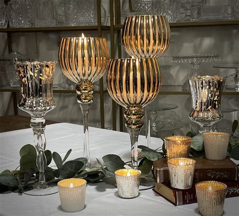 Gold Mercury Glass Long Stem Votive Holders The Crystal Bell Rentals