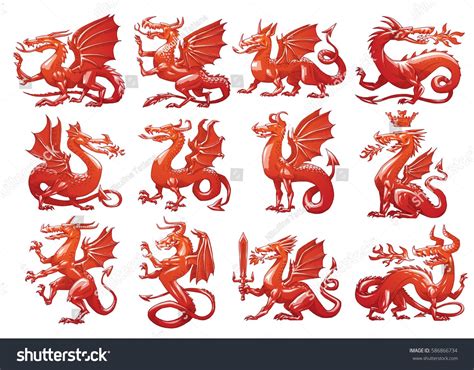 Land of my fathers), men of harlech, the national hymn cwm rhondda. Vector set of twelve images of heraldic red dragons in ...