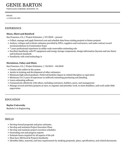 Project Estimator Resume Samples | Velvet Jobs