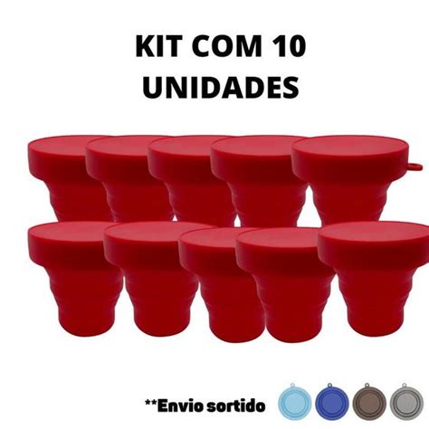 Kit 10 Copos Silicone Retrátil Dobrável C Tampa Reutilizável 140ml