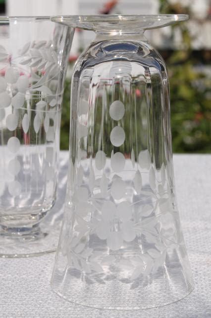 Vintage Crystal Clear Etched Cut Glass Footed Tumblers 8 Iced Tea Glasses Paneled Optic Floral