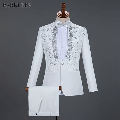 White Sparkly Crystals Embroidery Mens Suits With Pants Wedding Groom