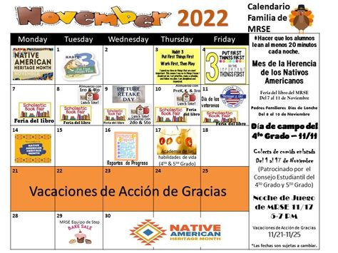 Spanish November Calendar Martha Smith Elementary School