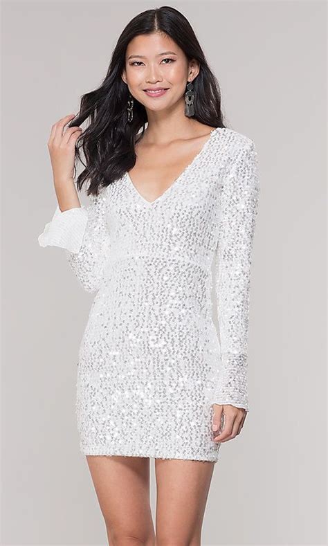 Long Sleeve Short White Sequin Holiday Party Dress Short White Sequin
