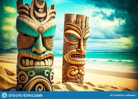 Wooden Statues Of Totems Idols Tiki Mask On Beach Stock Image Image
