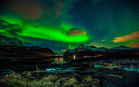 Norway Lofoten Islands Mountains Winter Night Northern Lights