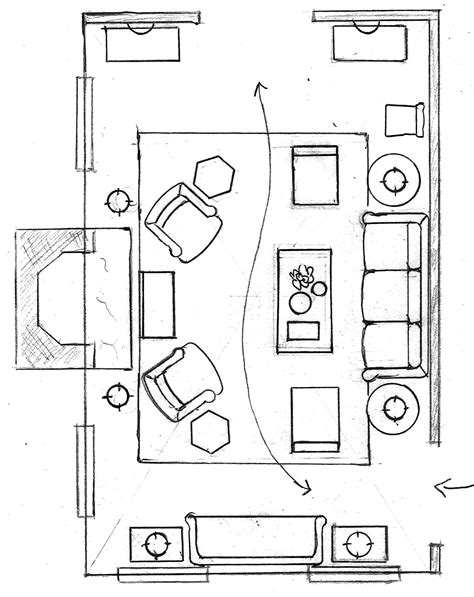 A Drawing Of A Living Room With Couches Tables And Other Furniture In It