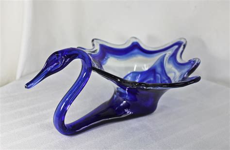 Vintage Mid Century Glass Swan Candy Dish C1950s Blue Swan Etsy