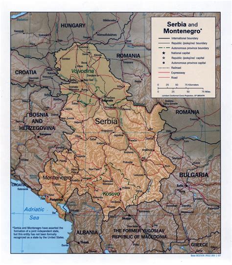 Large Scale Political Map Of Serbia And Montenegro With Relief Roads