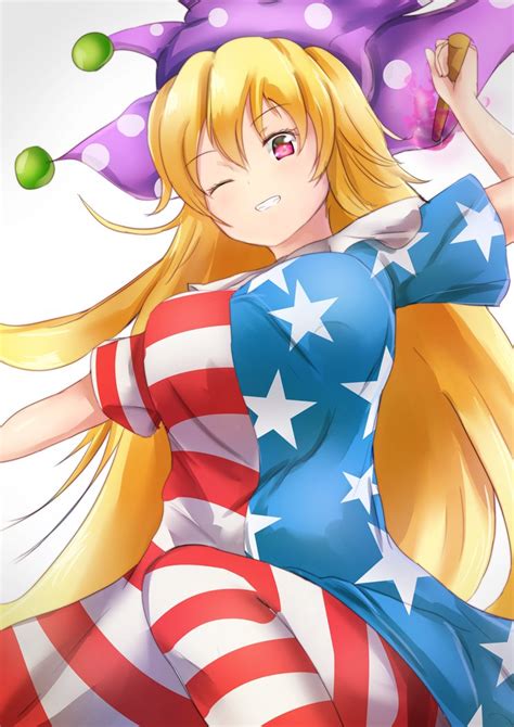 safebooru 1girl american flag dress american flag legwear blonde hair blush breasts clownpiece