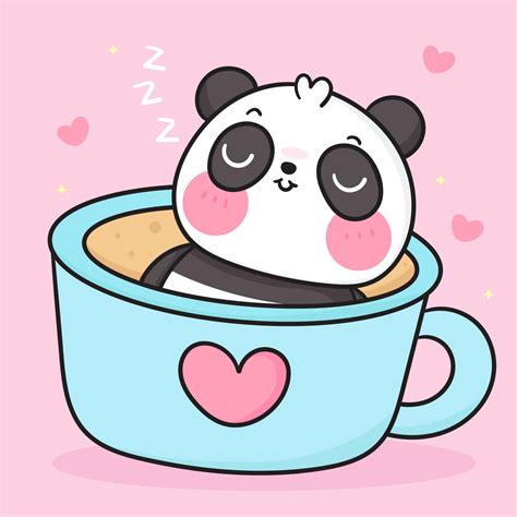 Lindo Oso Panda En Taza Bebiendo Café Té Dibujos Animados Osito Dulce