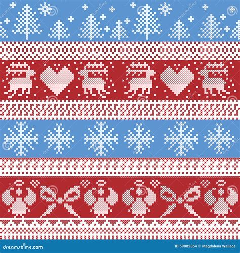 Blue And Red Nordic Christmas Winter Pattern With Reindeerrabbits