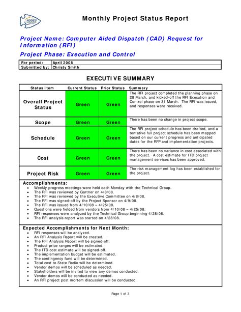 Monthly Project Report Template Pdf Template
