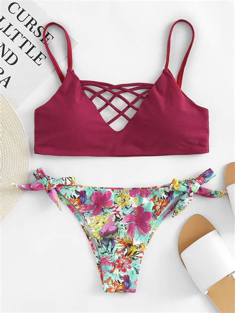 Shop Flower Print Criss Cross Mix And Match Bikini Set Online Shein Offers Flower Print Criss
