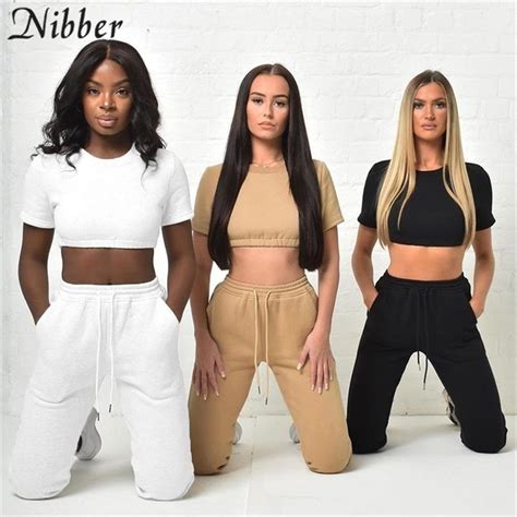 Nibber Women Casual Solid Tracksuit 2 Two Pieces Set Slim Short Sleeve
