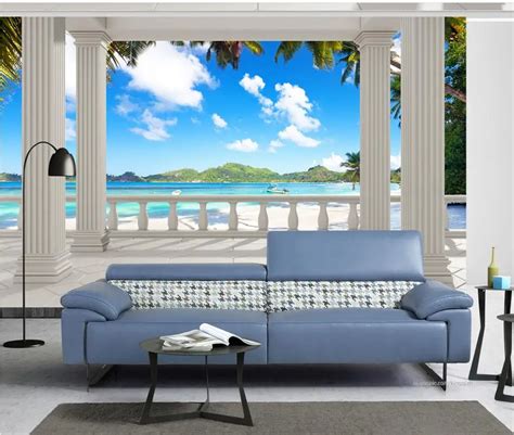 Custom 3d Wallpaper Balcony Beach Tree Seaview Background Wall Custom