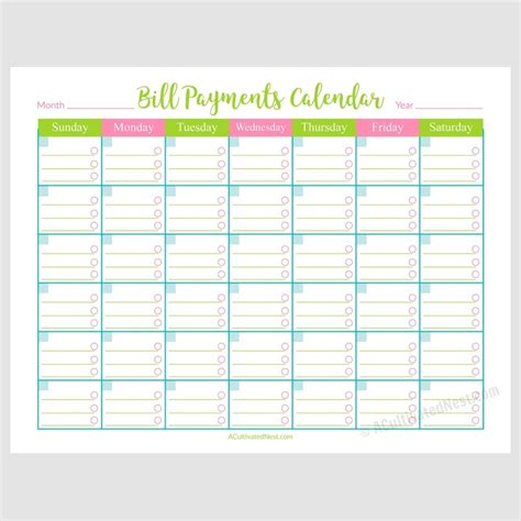 Monthly Bill Calendar Printable Calendar Template Printable