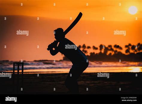 Boy Playing Cricket At Sunset On Tropical Beach In Sri Lanka Stock