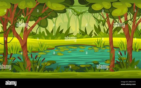 Swamp Landscape Forest River Marsh Cartoon Game Background Fantasy Rainforest Lake Mysterious