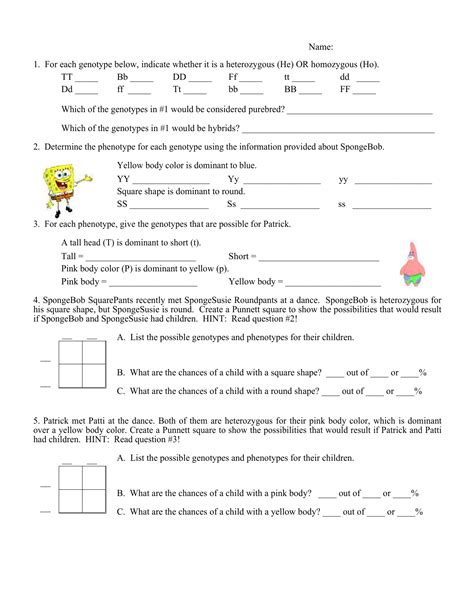 Use the information provided and your knowledge of genetics to answer each question. spongebob genetics worksheet 2 > FuchuNavi Education Corner