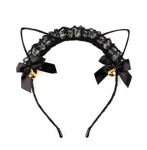 2021 Black Lace Cat Ear Headband Ribbon Golden Bells Kawaii Kitty