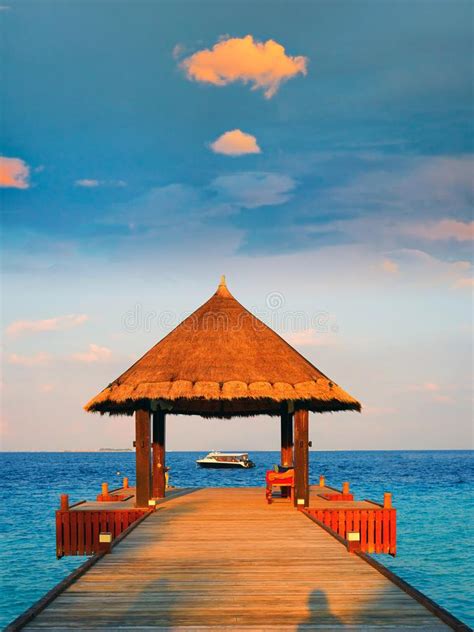 Tropical Thatched Roof Pavilion Sunset Maldives Stock Image Image Of