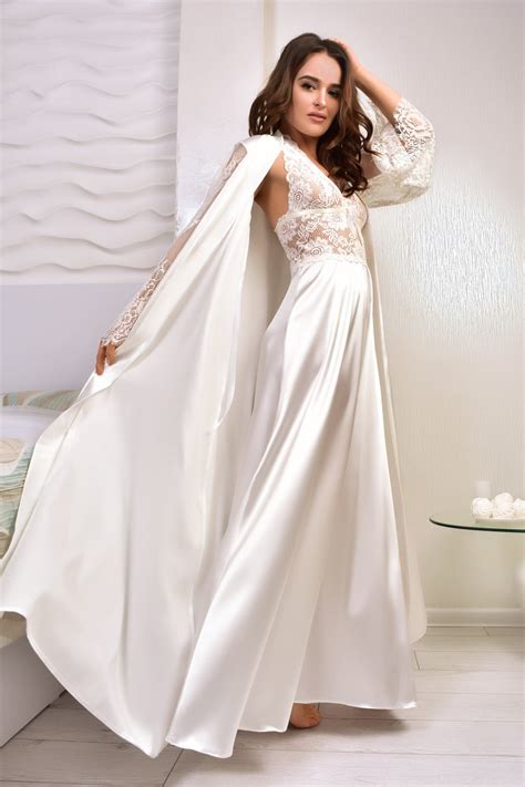 Buy White Long Bridal Robe And Nightgown Set Satin Lace Peignoir Online