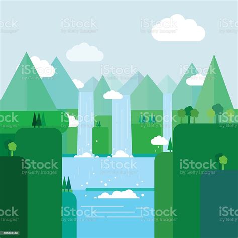 Landscape Illustration Mountain River Waterfall Hills Clouds Flat