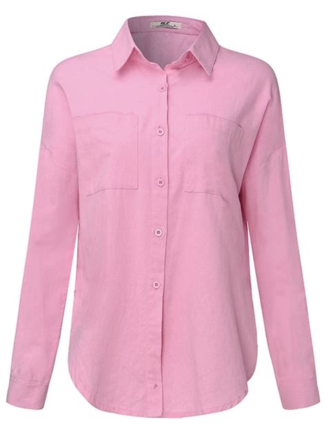 Pink Women Turndown Collar Pocket Long Sleeve Button Up Shirt Button