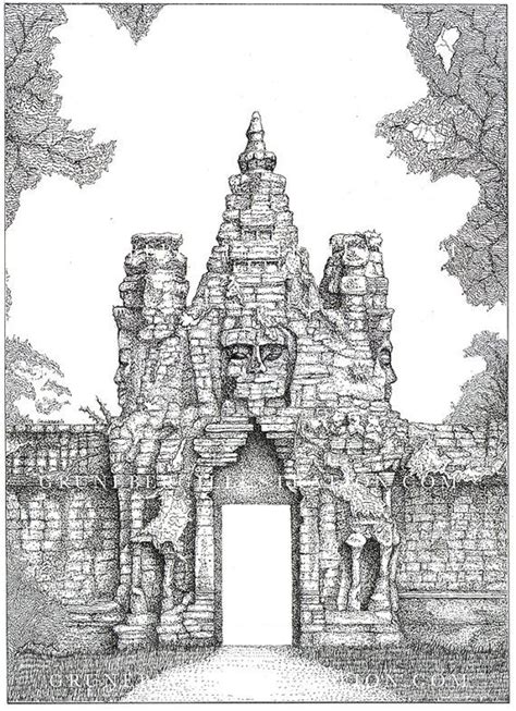 Angkor Wat Cambodia Original Pen Drawing Historic Architectural