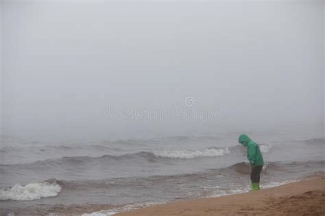 Baby Walks In The Fog On The Shore Of The Lake Stock Image Image Of