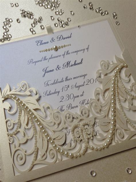 Vintage Pocket Ivory Pearl Wedding Invitation With Pearl Embellishments