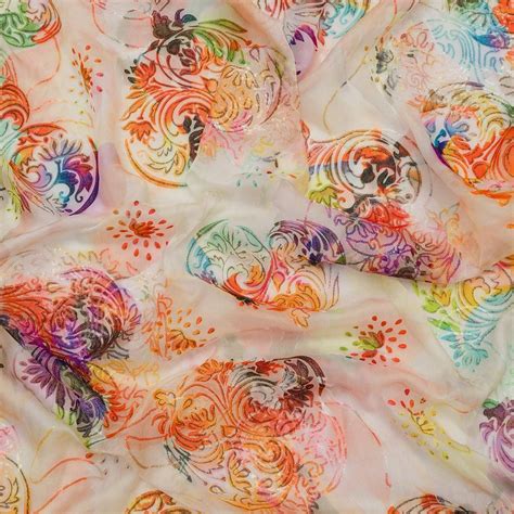 Light Beige printed chiffon fabric with multicolored sequence and ...