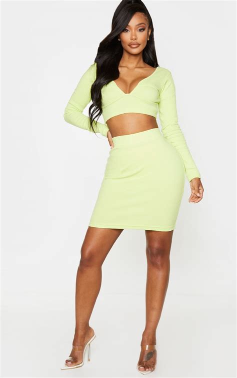 shape lime thick rib bodycon skirt curve prettylittlething