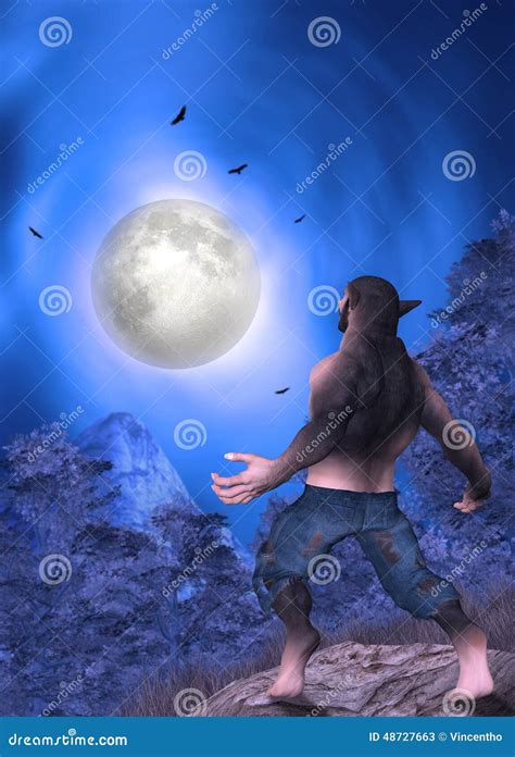 Man Transforming Into Werewolf Big Full Moon Illustration Royalty Free