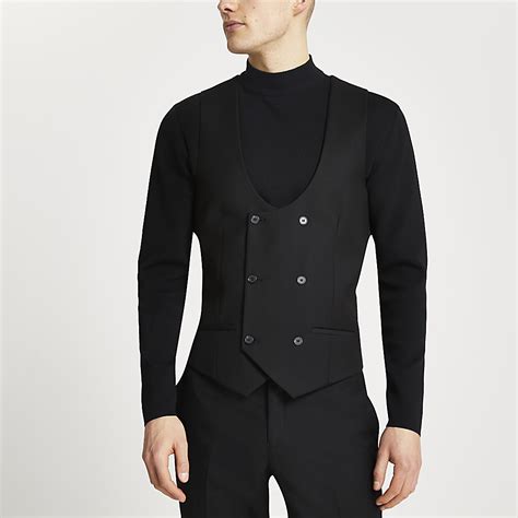 Black Double Breasted Suit Waistcoat River Island