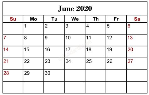 Blank Calendar Template June 2020 Monthly Calendar Printable
