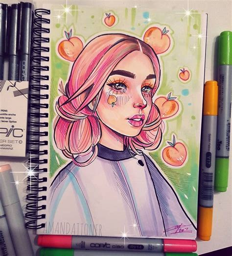 Персонаж девушка в персиках для срисовки в скетчбук Marker Art