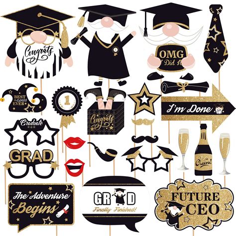 Katchon Gnomes Graduation Photo Booth Props Pack Of 24 Black And