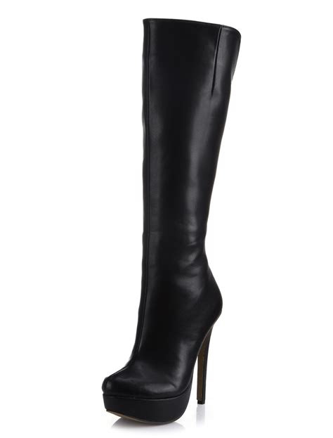 Black Platform Wide Calf Boots Women S Platform Stiletto Heel Knee High