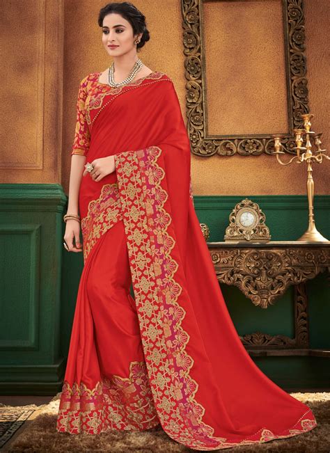 Buy Satin Silk Red Designer Traditional Saree Online Party