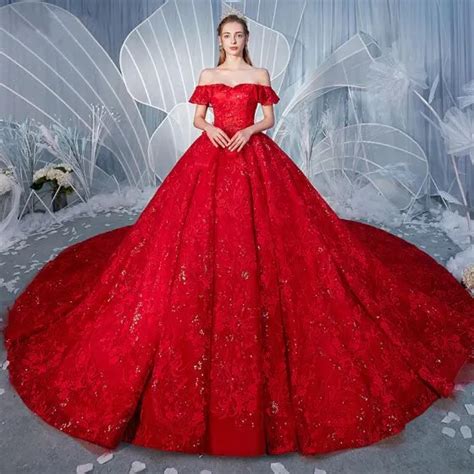 Stunning Red Wedding Dresses 2019 A Line Princess Off The Shoulder Beading Pearl Sequins Lace