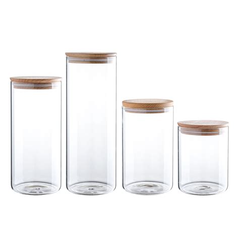Clear Glass Storage Jar 60 47 34 24oz With Beech Wood Lid Set Of 4 Glass Canister With Airtight