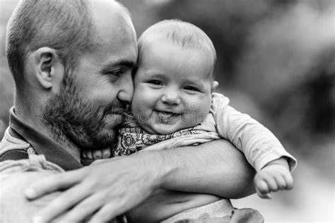 Child Sits On Dad S Shoulder And Smiling Stock Image Image Of
