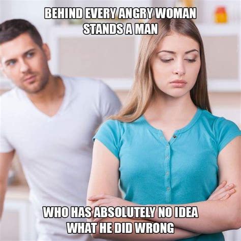 Behind Angry Woman Stands Man Funny Meme Angry Women Married Life