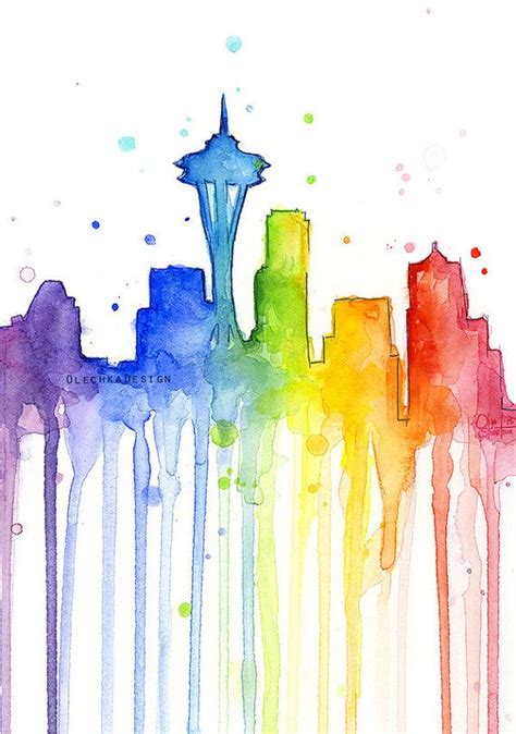 Seattle Wall Art Seattle Rainbow Seattle Watercolor Rainbow Etsy