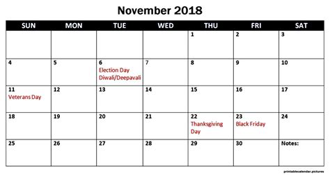 November 2018 Calendar With Federal Holidays Usa Calendar Template