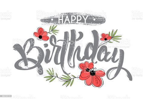 Ilustración De Dibujo Letras Happy Birthday Con Flores Para Diseño