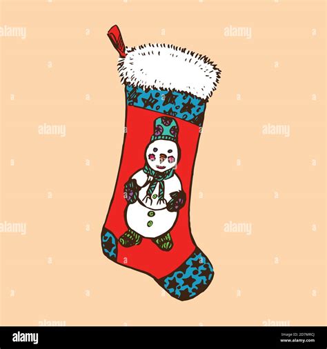 Christmas Sock With Snowman Hand Drawn Doodle Sketch Isolated Color