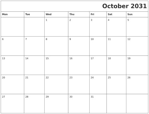 October 2031 Download Calendar